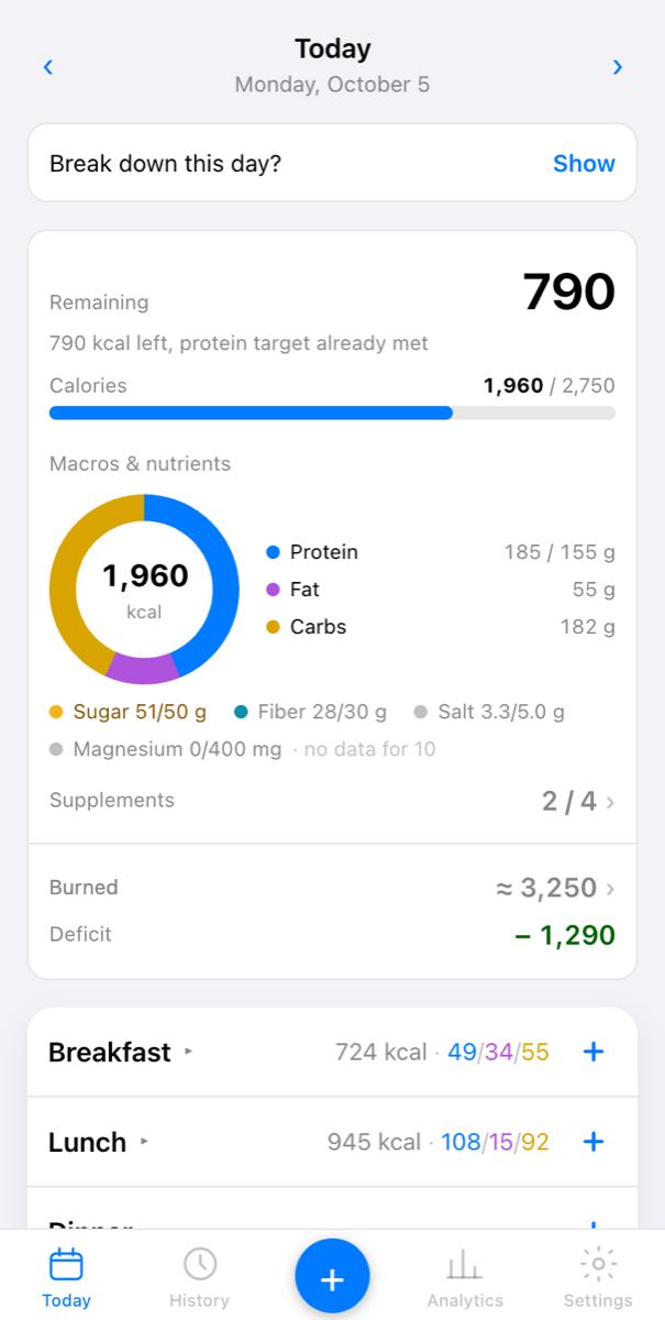 Today: remaining, balance, meals